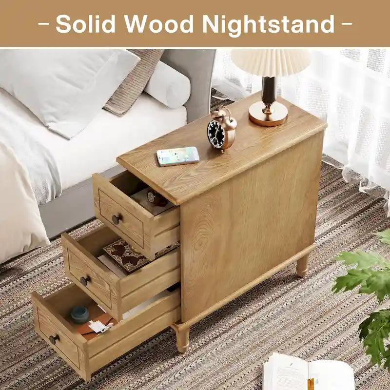 Rustic Brown Solid Wood Narrow Side Table with Three Drawers