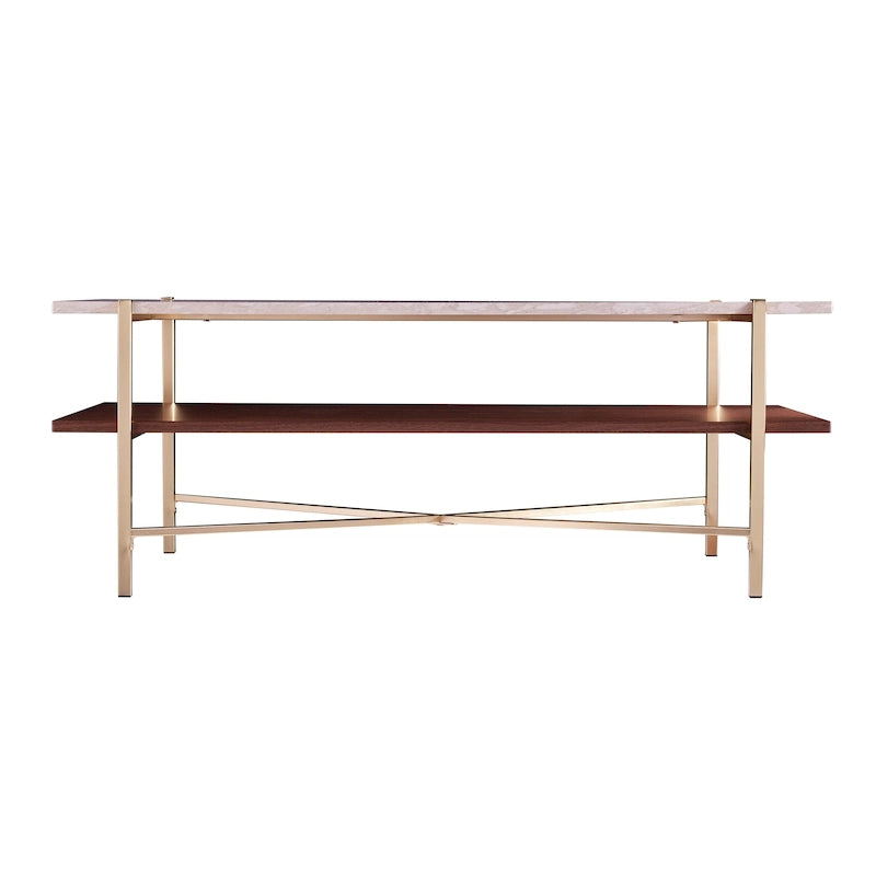 White Faux Travertine Rectangular Coffee Table with Brown Storage Shelf
