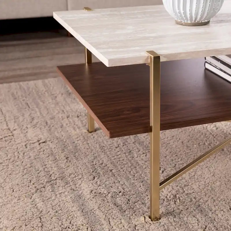 White Faux Travertine Rectangular Coffee Table with Brown Storage Shelf