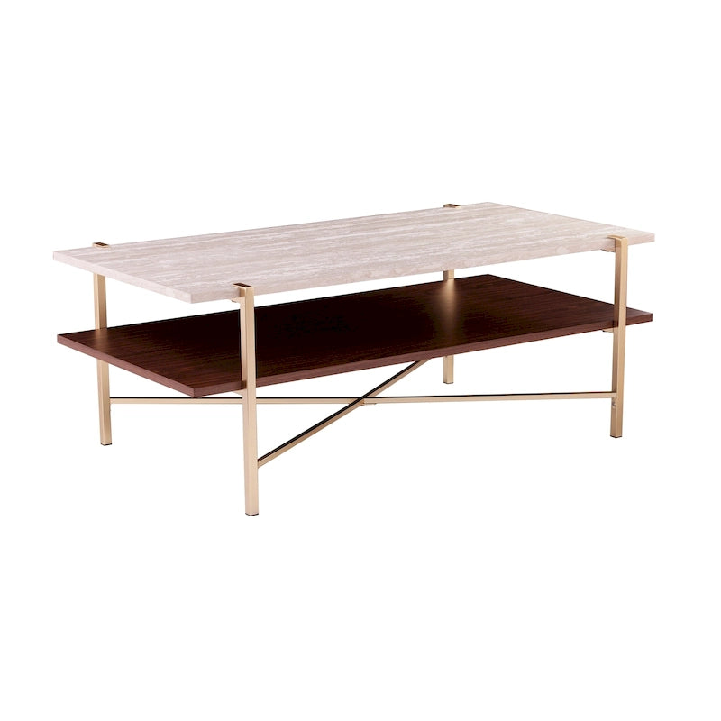 White Faux Travertine Rectangular Coffee Table with Brown Storage Shelf