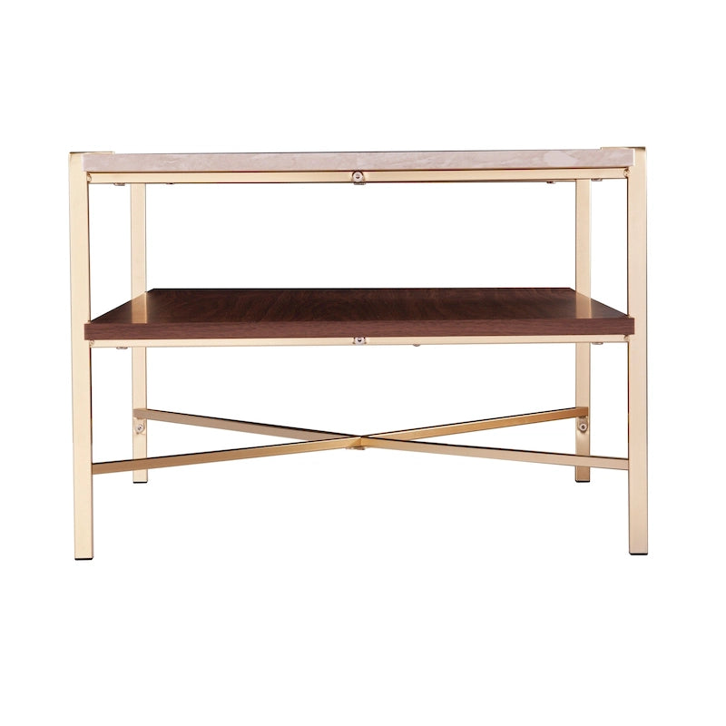 White Faux Travertine Rectangular Coffee Table with Brown Storage Shelf
