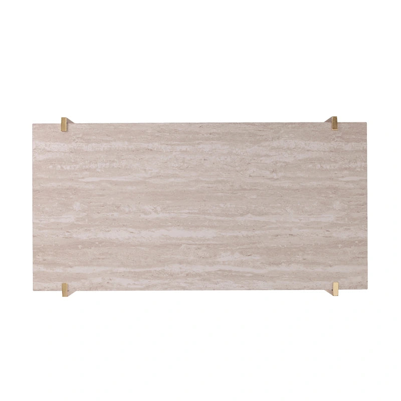 White Faux Travertine Rectangular Coffee Table with Brown Storage Shelf