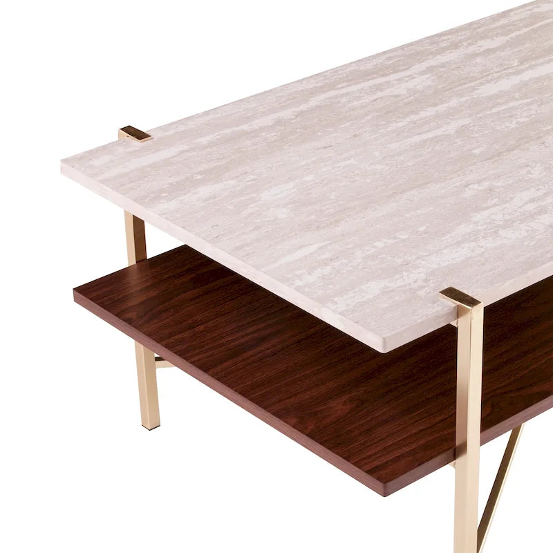 White Faux Travertine Rectangular Coffee Table with Brown Storage Shelf