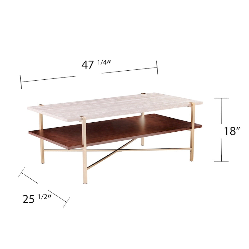 White Faux Travertine Rectangular Coffee Table with Brown Storage Shelf