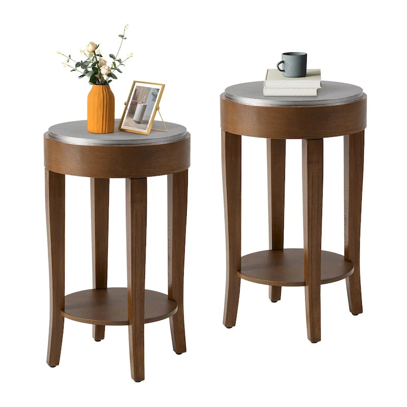 Round Brown Wood Accent Side Table with Lower Storage Shelf