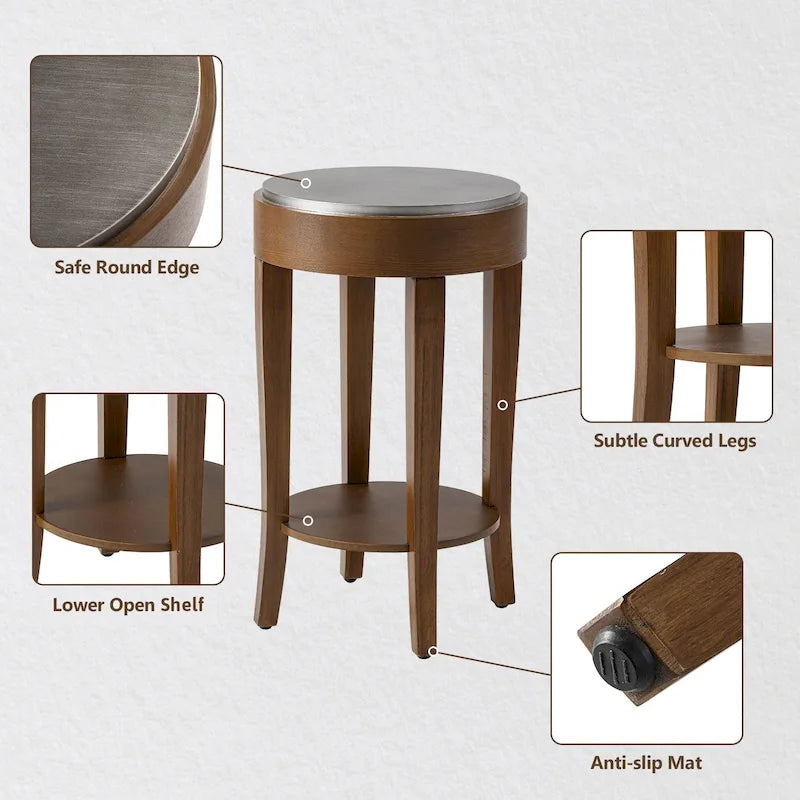 Round Brown Wood Accent Side Table with Lower Storage Shelf