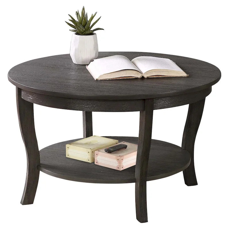 Classic Round Coffee Table with Lower Shelf and Curved Legs