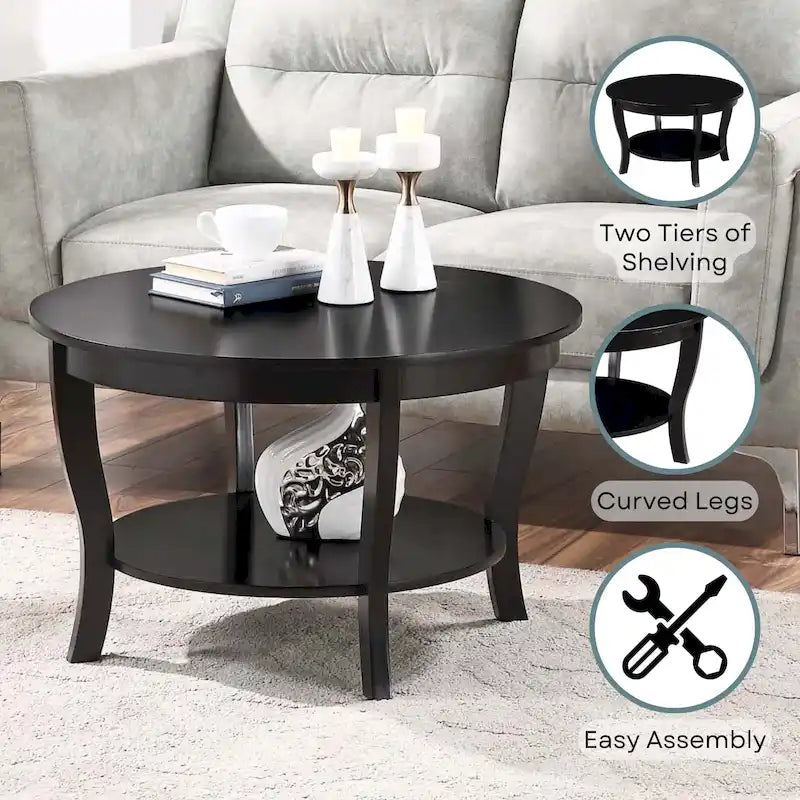 Classic Round Coffee Table with Lower Shelf and Curved Legs