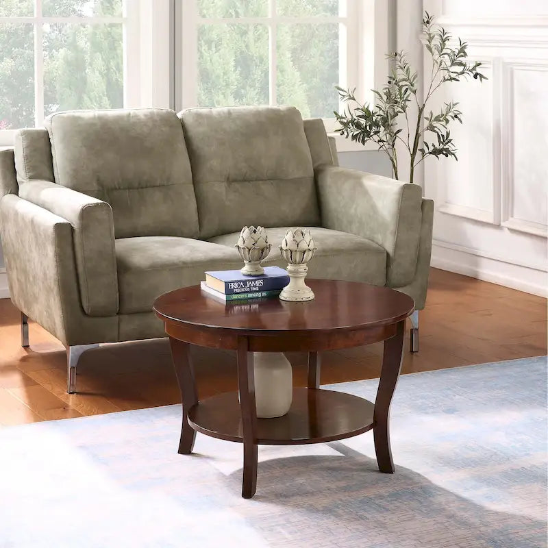 Classic Round Coffee Table with Lower Shelf and Curved Legs