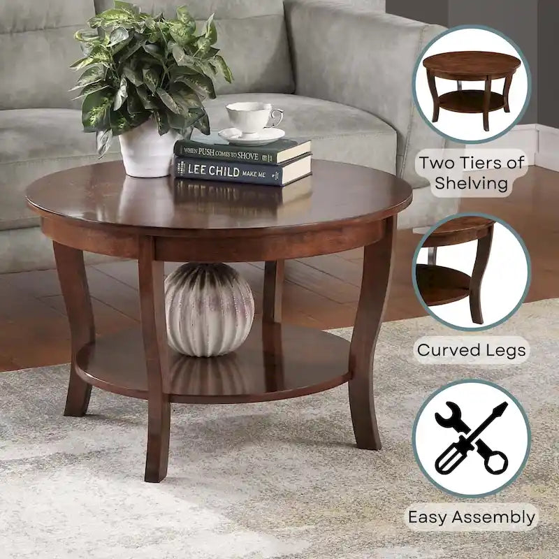 Classic Round Coffee Table with Lower Shelf and Curved Legs