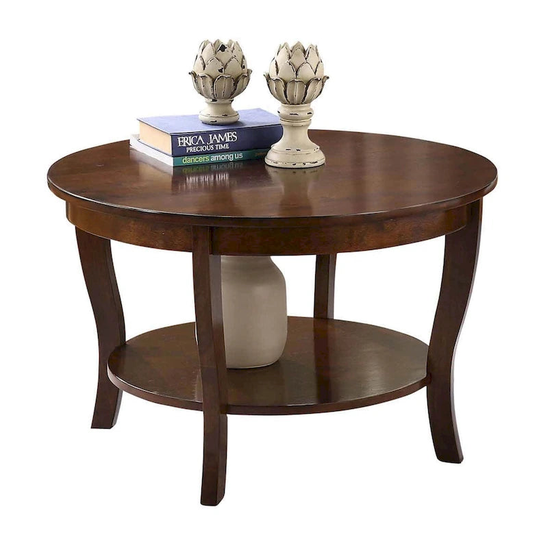 Classic Round Coffee Table with Lower Shelf and Curved Legs