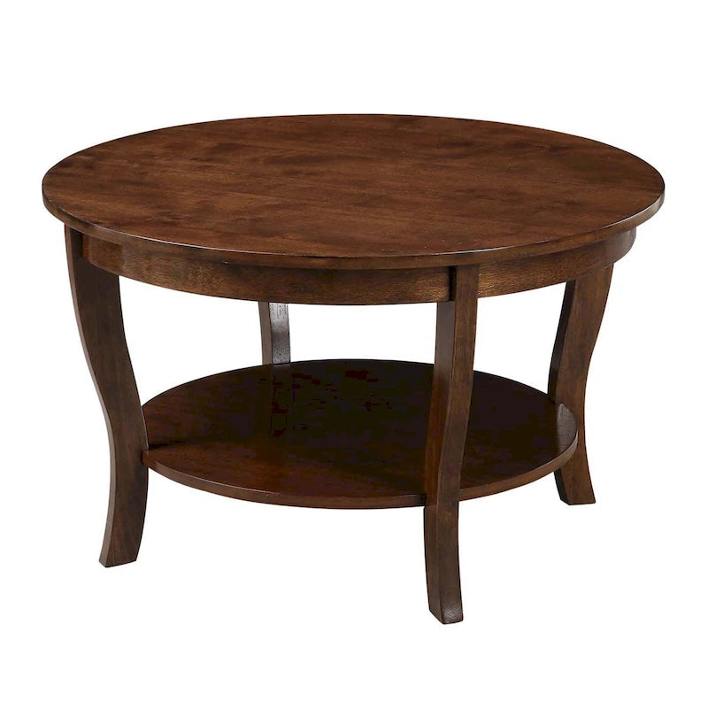 Classic Round Coffee Table with Lower Shelf and Curved Legs