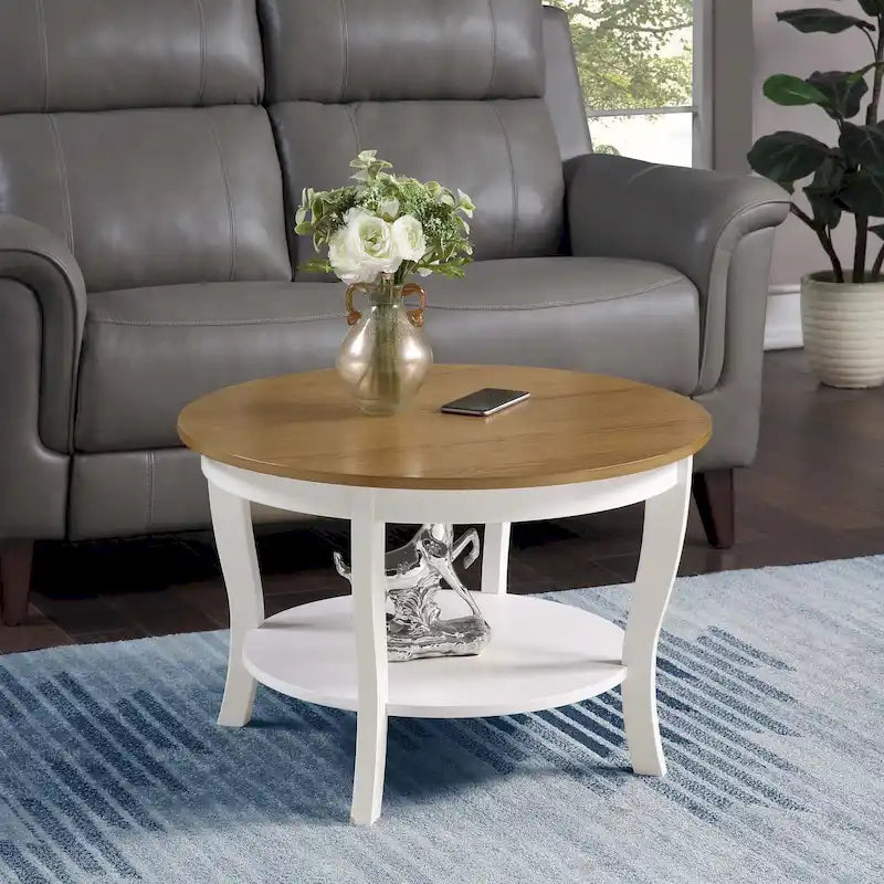 Classic Round Coffee Table with Lower Shelf and Curved Legs