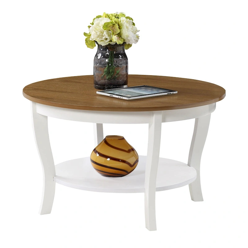 Classic Round Coffee Table with Lower Shelf and Curved Legs