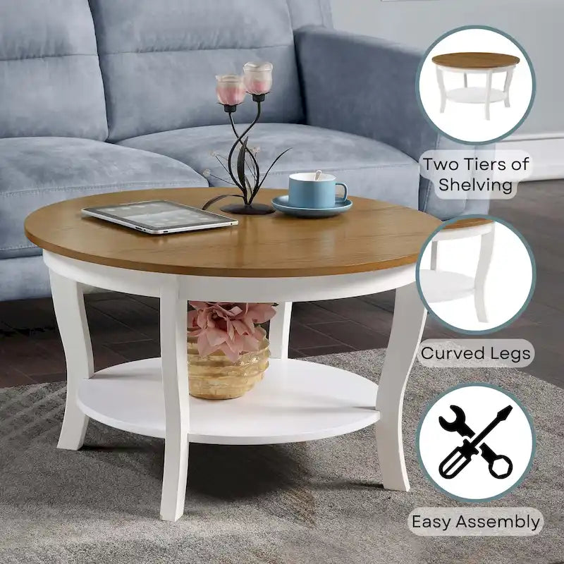 Classic Round Coffee Table with Lower Shelf and Curved Legs