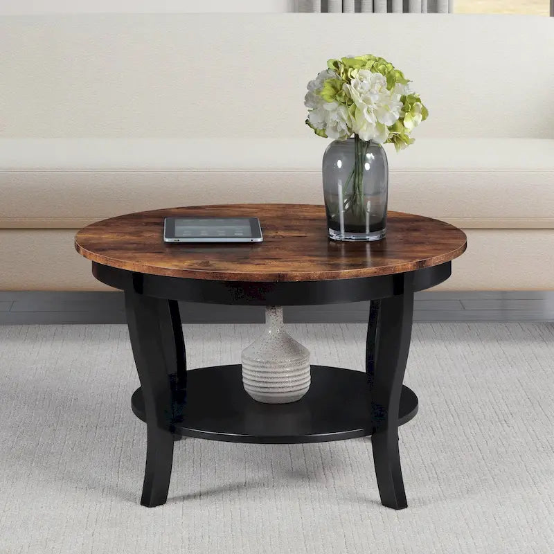 Classic Round Coffee Table with Lower Shelf and Curved Legs