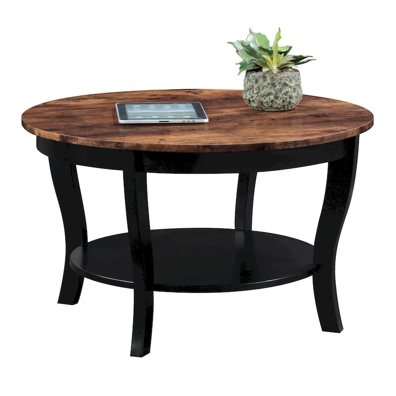 Classic Round Coffee Table with Lower Shelf and Curved Legs