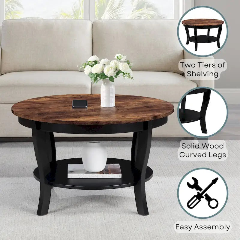 Classic Round Coffee Table with Lower Shelf and Curved Legs