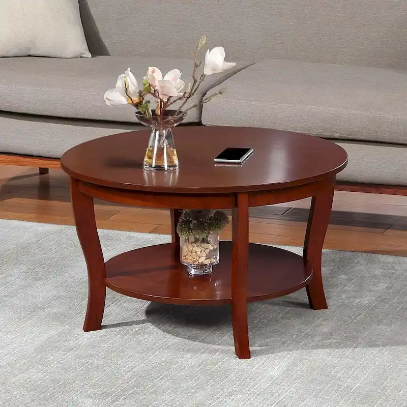 Classic Round Coffee Table with Lower Shelf and Curved Legs