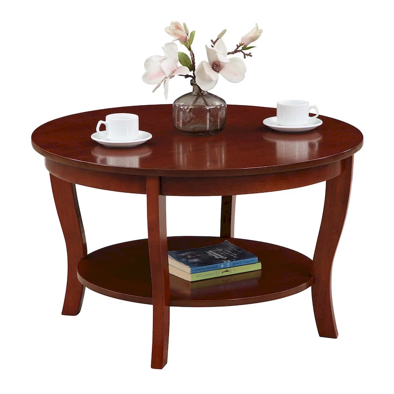Classic Round Coffee Table with Lower Shelf and Curved Legs