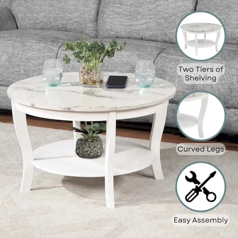 Classic Round Coffee Table with Lower Shelf and Curved Legs