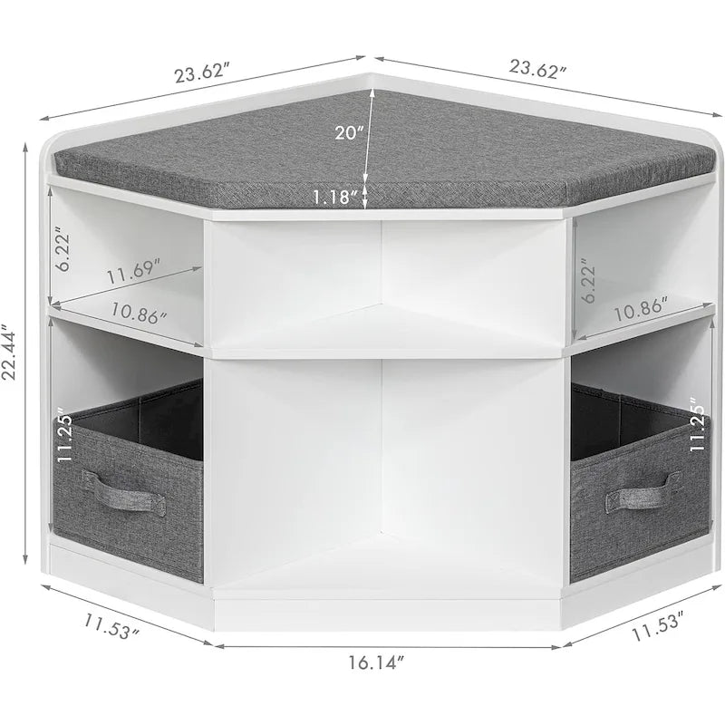 White Kids Corner Reading Bench with Gray Cushion and Storage