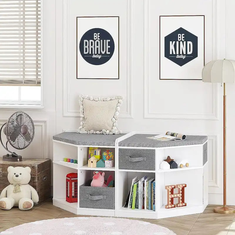 White Kids Corner Reading Bench with Gray Cushion and Storage