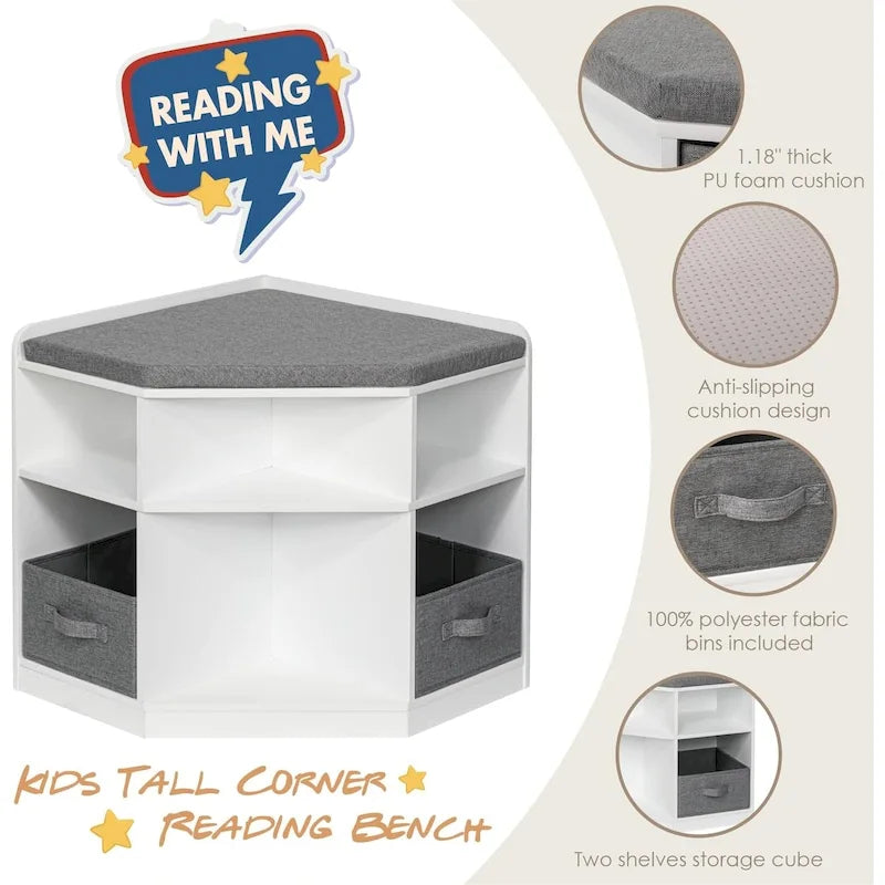 White Kids Corner Reading Bench with Gray Cushion and Storage
