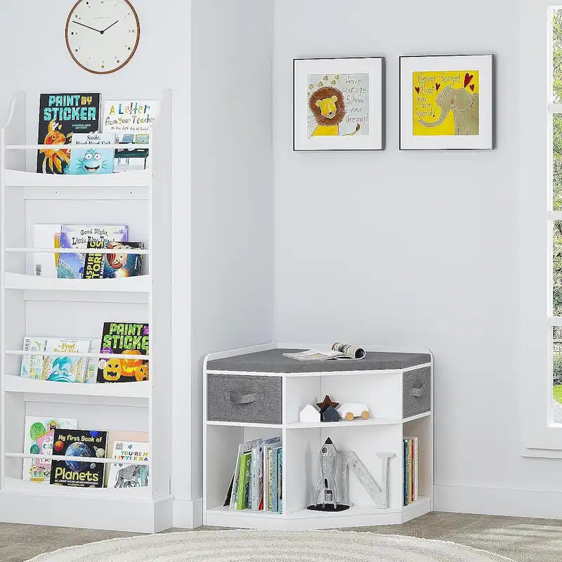 White Kids Corner Reading Bench with Gray Cushion and Storage