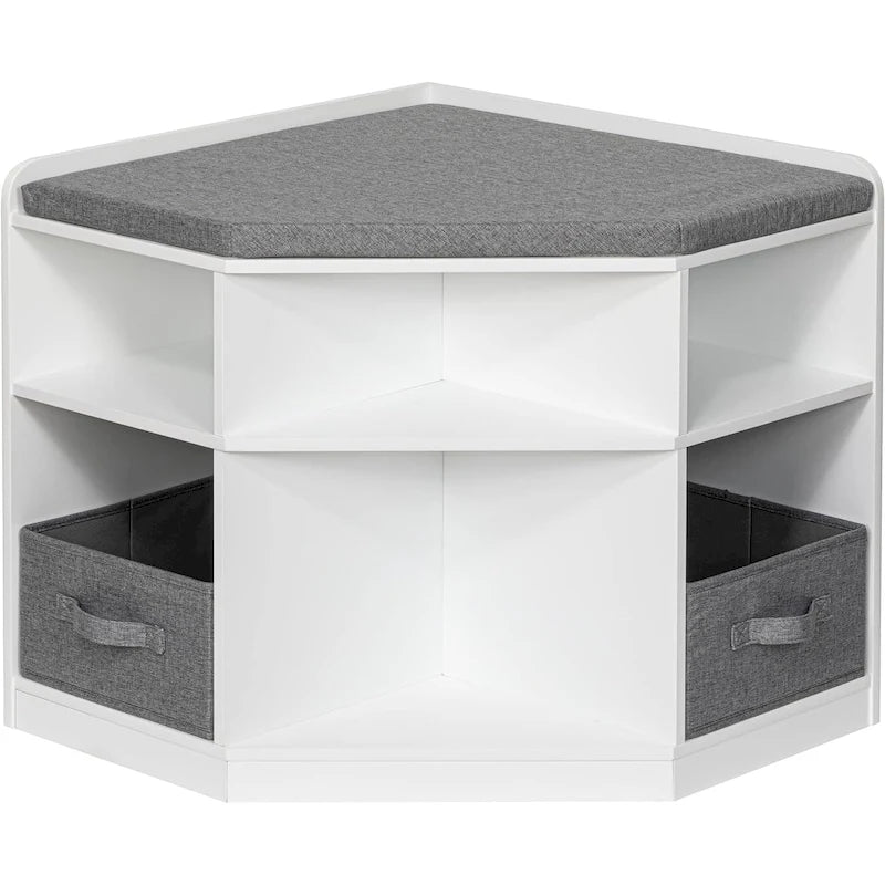 White Kids Corner Reading Bench with Gray Cushion and Storage