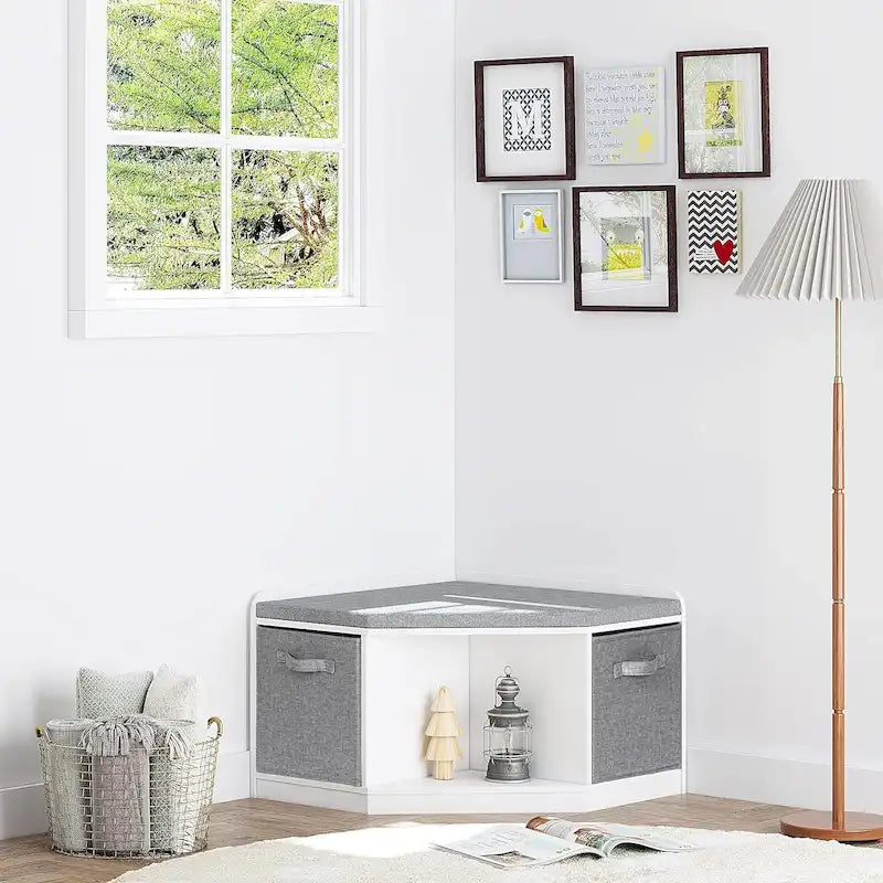 White Kids Corner Reading Bench with Gray Cushion and Storage