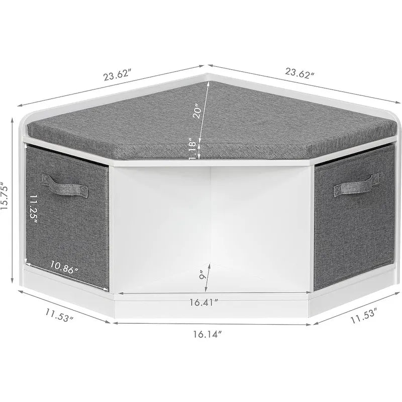 White Kids Corner Reading Bench with Gray Cushion and Storage