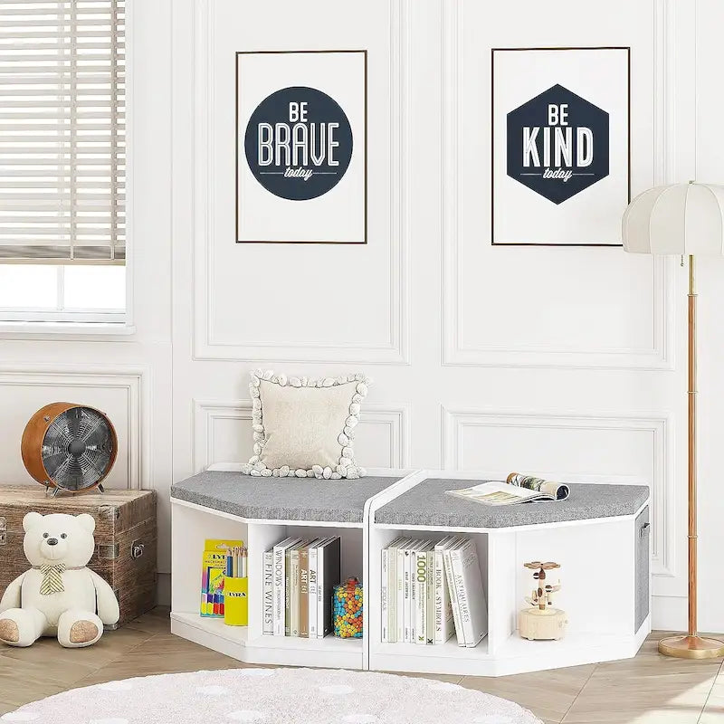 White Kids Corner Reading Bench with Gray Cushion and Storage