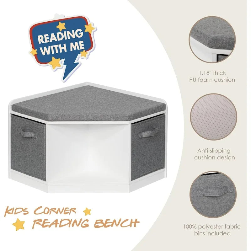 White Kids Corner Reading Bench with Gray Cushion and Storage