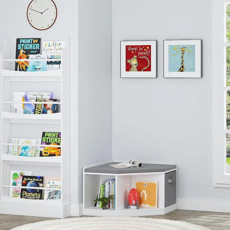 White Kids Corner Reading Bench with Gray Cushion and Storage