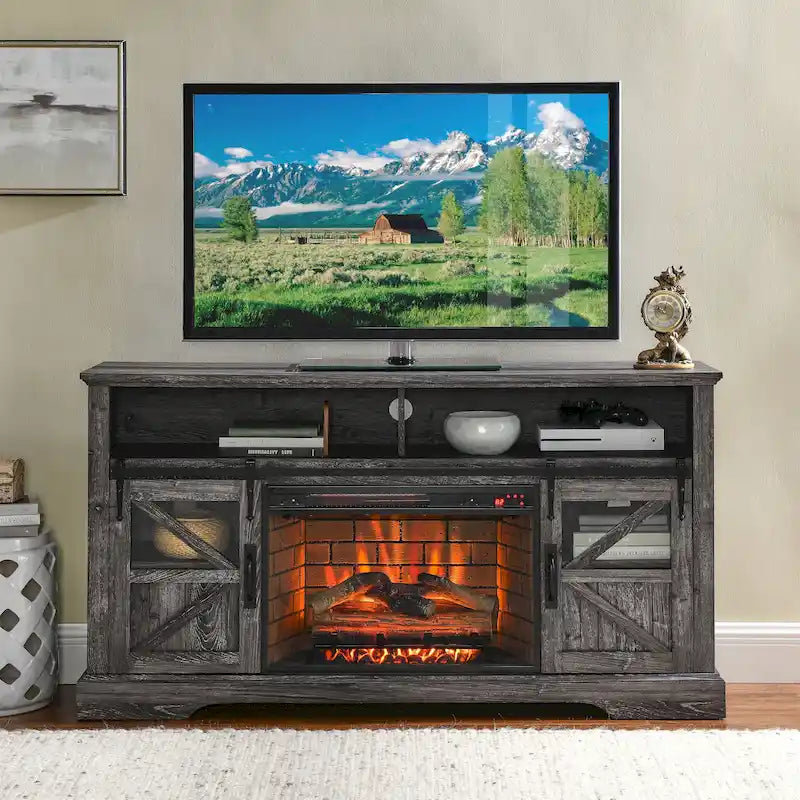 Meuble TV rustique de style maison de campagne avec cheminée électrique et portes coulissantes de grange