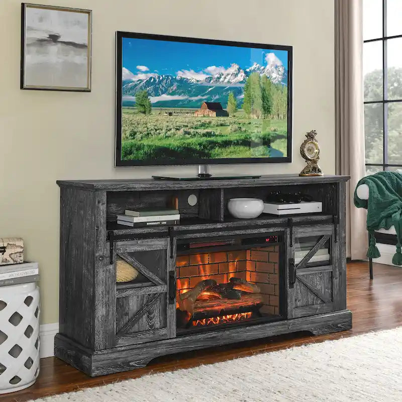Rustic Farmhouse Electric Fireplace TV Stand with Sliding Barn Doors