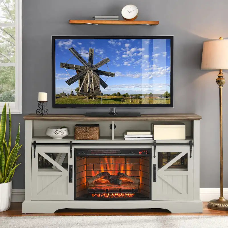 Rustic Farmhouse Electric Fireplace TV Stand with Sliding Barn Doors