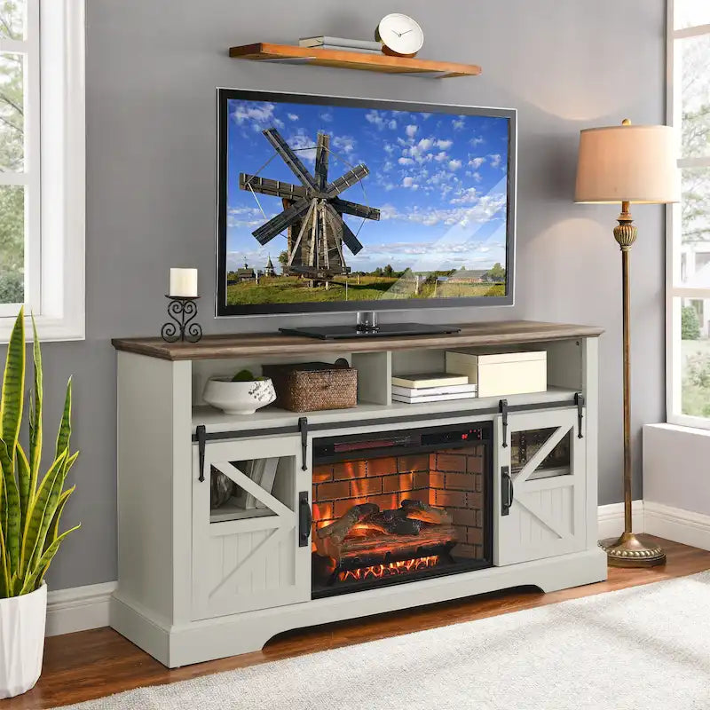 Meuble TV rustique de style maison de campagne avec cheminée électrique et portes coulissantes de grange