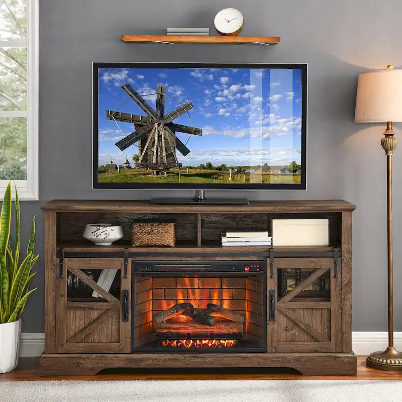 Meuble TV rustique de style maison de campagne avec cheminée électrique et portes coulissantes de grange