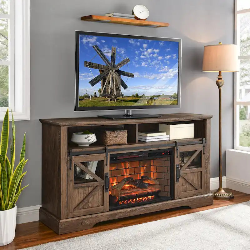 Meuble TV rustique de style maison de campagne avec cheminée électrique et portes coulissantes de grange