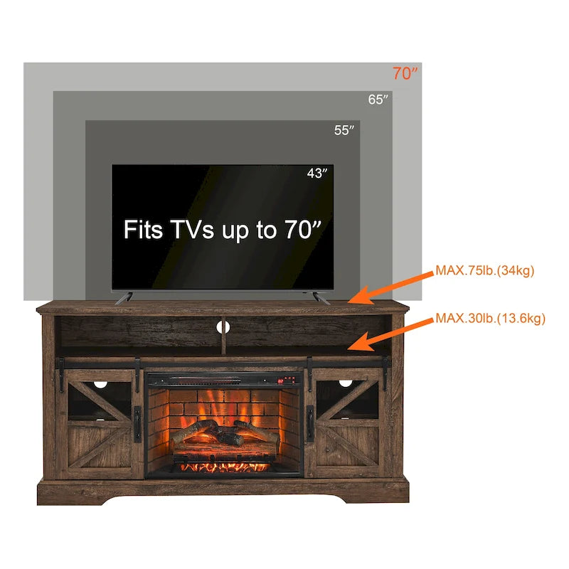 Meuble TV rustique de style maison de campagne avec cheminée électrique et portes coulissantes de grange