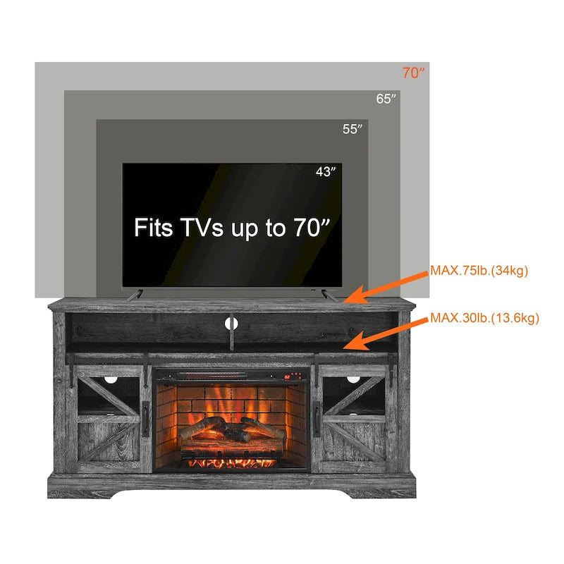 Meuble TV rustique de style maison de campagne avec cheminée électrique et portes coulissantes de grange
