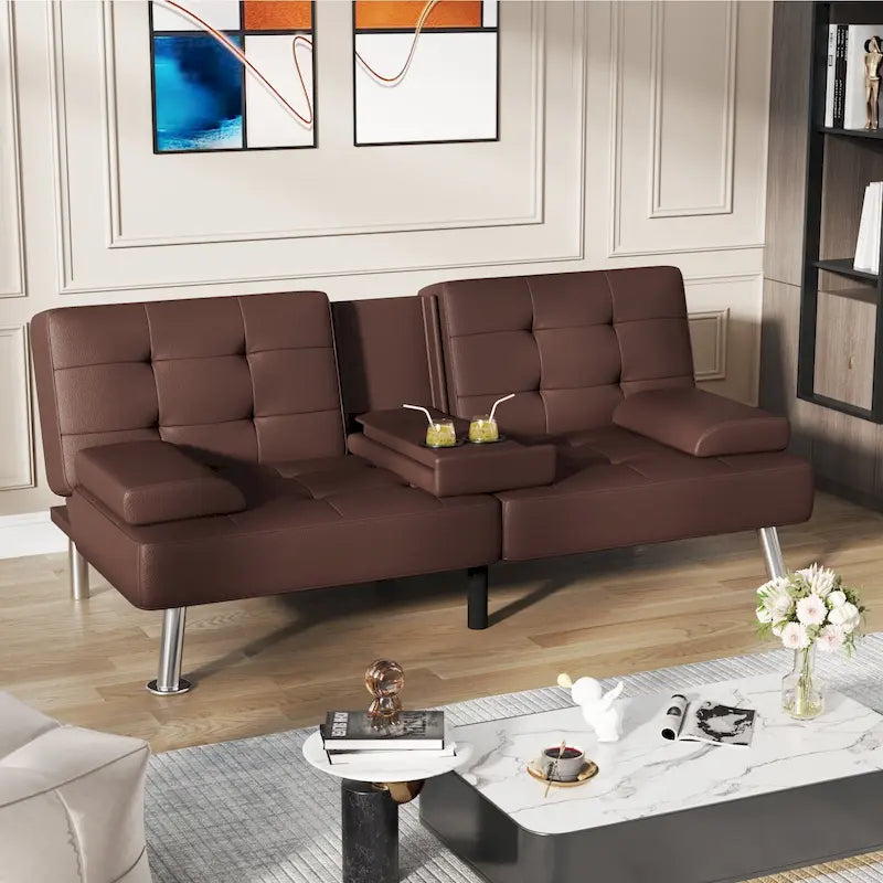 Modern Tufted Faux Leather Convertible Futon Sofa Bed with Cupholders