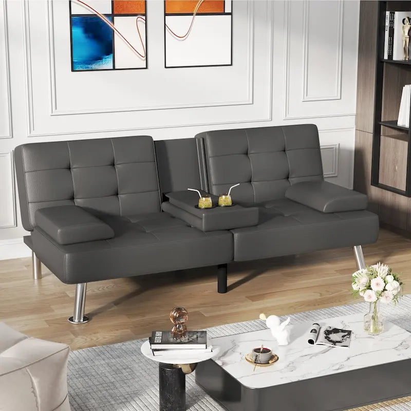 Modern Tufted Faux Leather Convertible Futon Sofa Bed with Cupholders