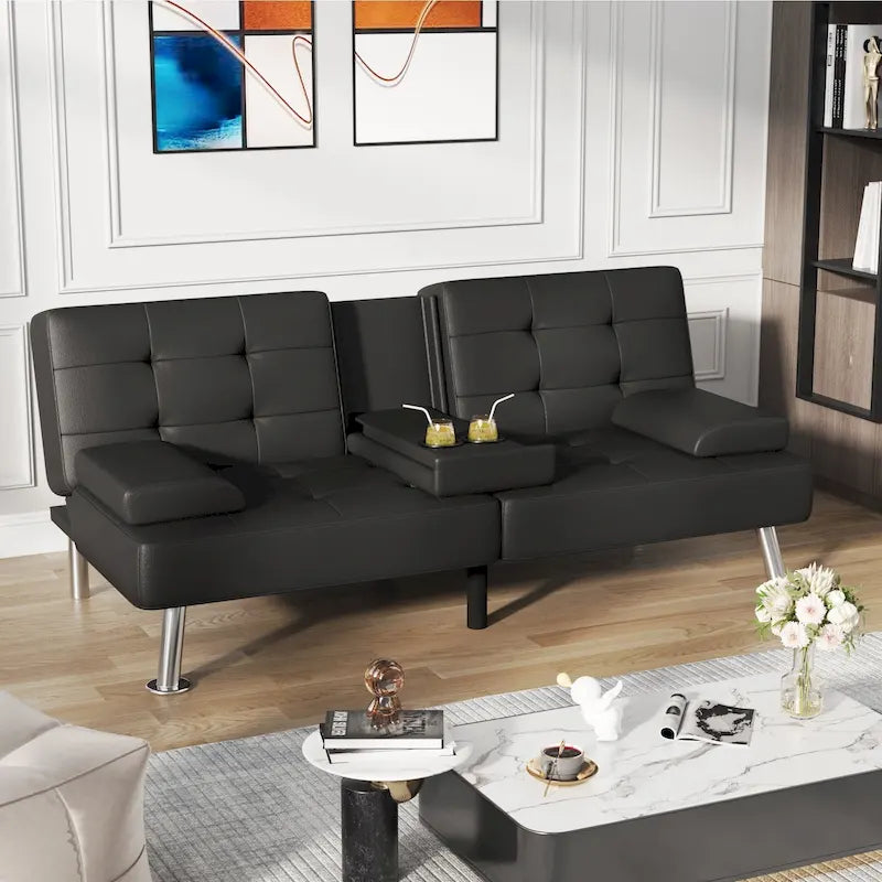 Modern Tufted Faux Leather Convertible Futon Sofa Bed with Cupholders