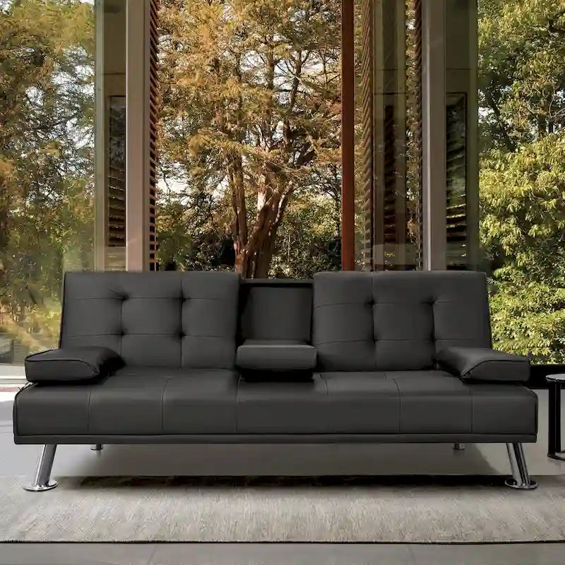 Modern Tufted Faux Leather Convertible Futon Sofa Bed with Cupholders