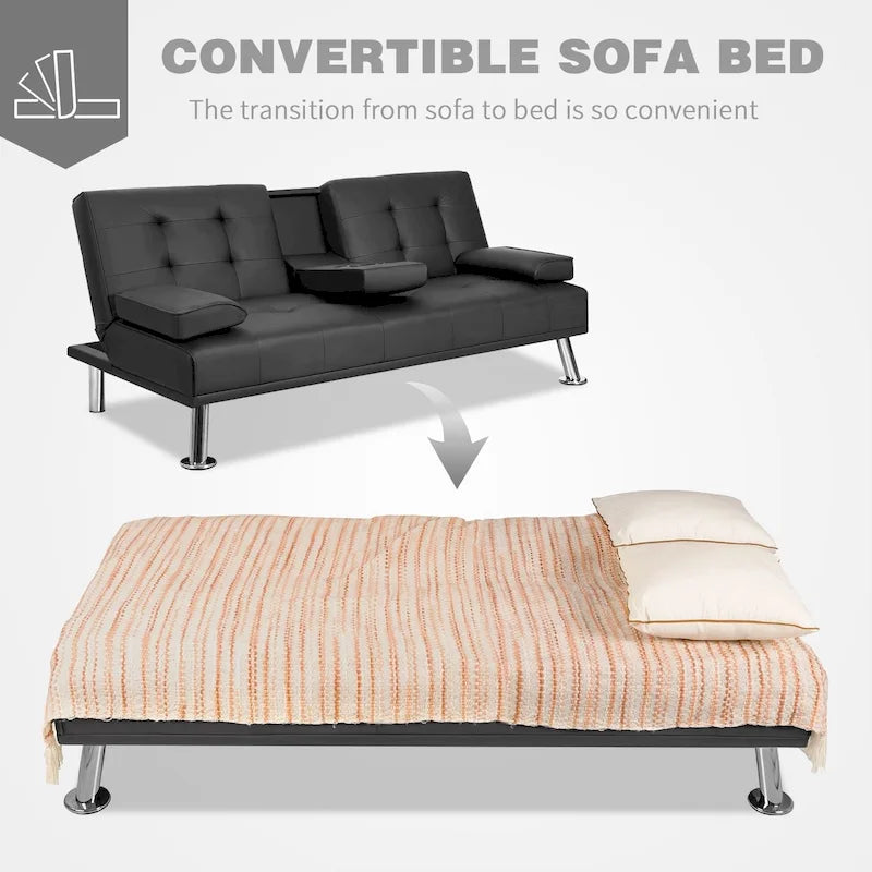 Modern Tufted Faux Leather Convertible Futon Sofa Bed with Cupholders