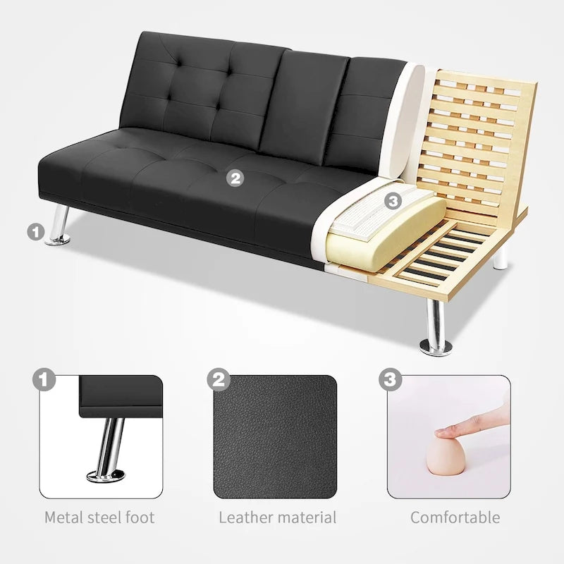 Modern Tufted Faux Leather Convertible Futon Sofa Bed with Cupholders