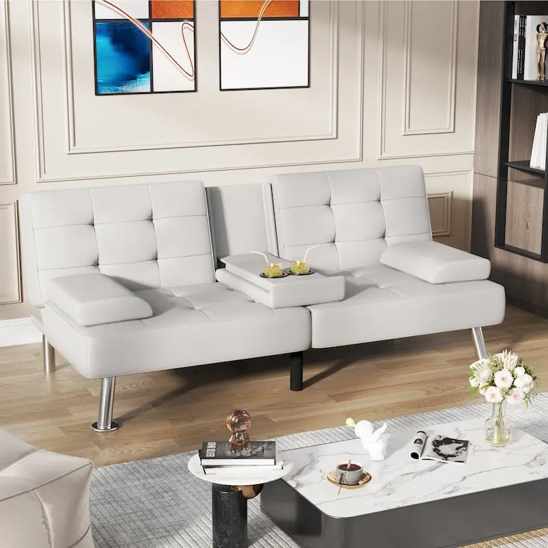 Modern Tufted Faux Leather Convertible Futon Sofa Bed with Cupholders